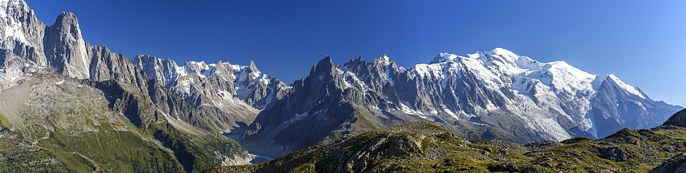 Panorama of the mountain range of Mont Blanc, Haute Savoie, French Alps, France, Europe