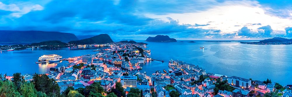 Panoramic of Alesund and ocean from Aksla mountain at night, More og Romsdal county, Norway