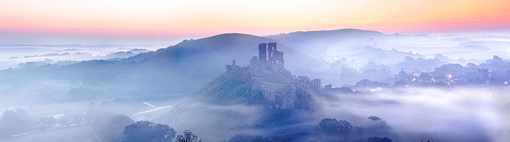 Corfe Castle in the mist, Corfe, Dorset, England, United Kingdom, Europe