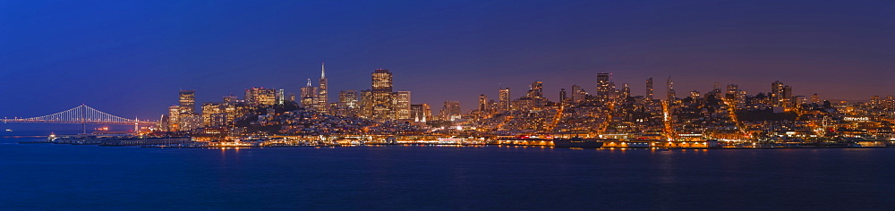 San Francisco skyline panorama at dusk taken from Alcatraz Island, California, United States of America, North America