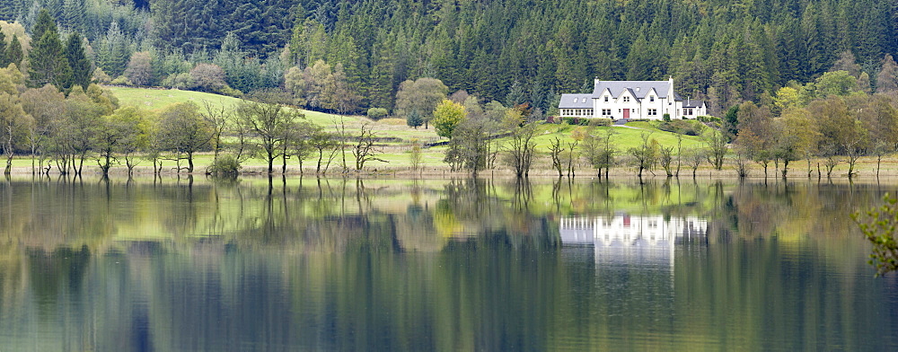 White house overlooking Loch Chon, Loch Lomond and The Trossachs National Park, Stirlingshire, Scotland, United Kingdom, Europe