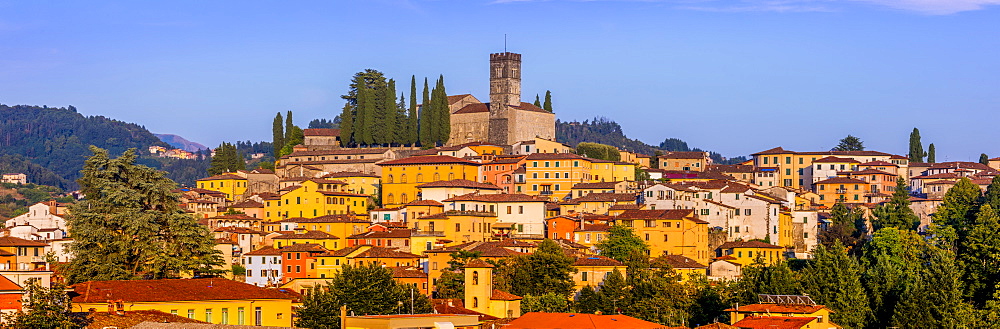 Panoramic city skyline view of Barga, Tuscany, Italy, Europe