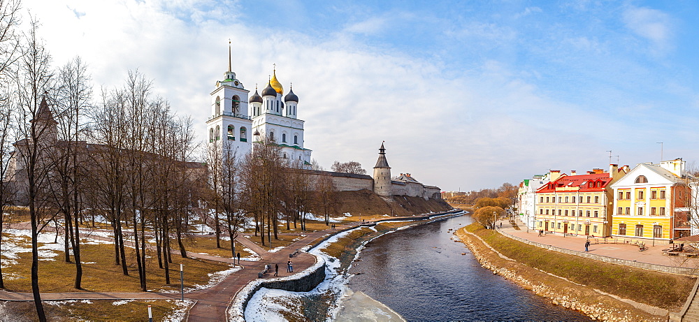 Panoramic vew of embankment and Kremlin in Pskov, Russia, Europe