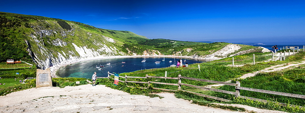 Panorama of Lulworth Cove on a hot summer day, Jurassic Coast, UNESCO World Heritage Site, Dorset, England, United Kingdom, Europe