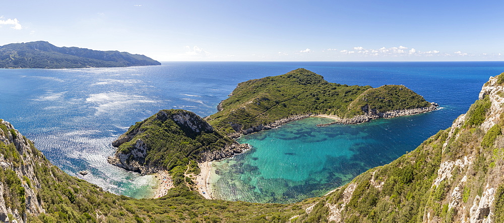 Panoramic view from a lookout over the Porto Timoni Double Bay, Afionas, Corfu, Greek Islands, Greece, Europe