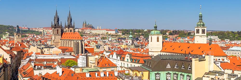 Panoramic view from the Powder Gate over the old town with the Prague Castle in the background, Prague, Bohemia, Czech Republic