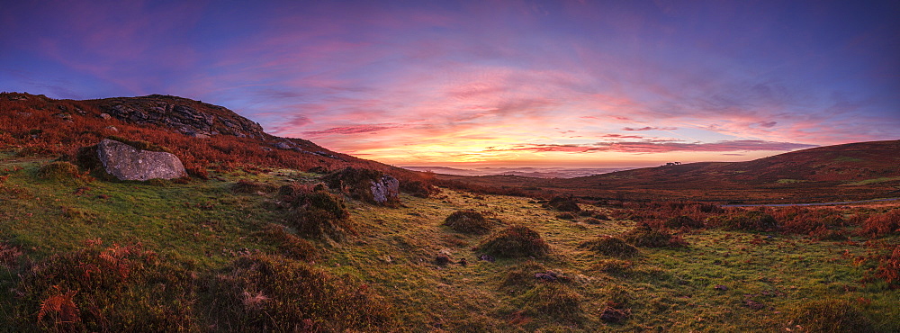 Twilight panorama of slopes below Saddle Tor with mist in the Teign Valley, Dartmoor National Park, Bovey Tracey, Devon, England, United Kingdom, Europe