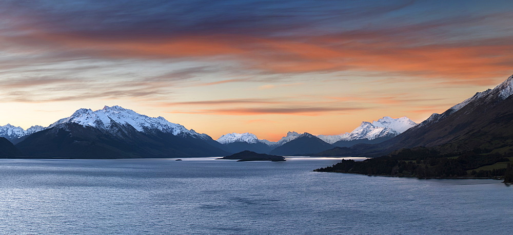 Lake Wakatipu at sunset, near Queenstown looking towards Glenorchy and Fiordland, Otago, South Island, New Zealand, Pacific