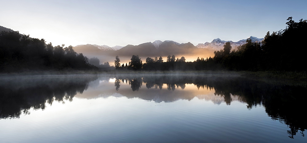 Lake Matheson panoramic at sunrise with Mount Cook, South Island, New Zealand,