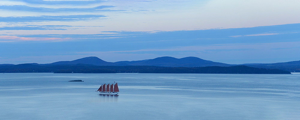 Sailboat aproaches Bar Harbor Port, Maine, New England, United States of America, North America