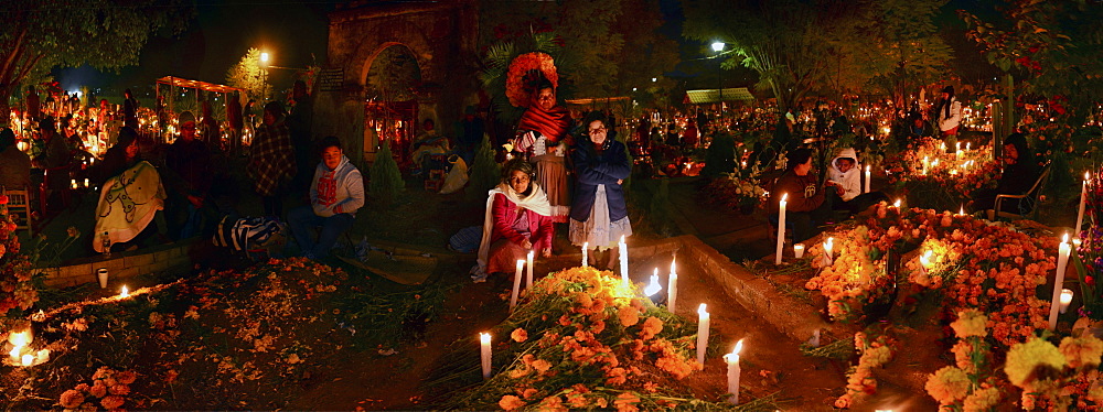 Panoramic view of the Atzompa graveyard during the celebration of Day of the Dead, Atzompa, Oaxaca, Mexico, North America