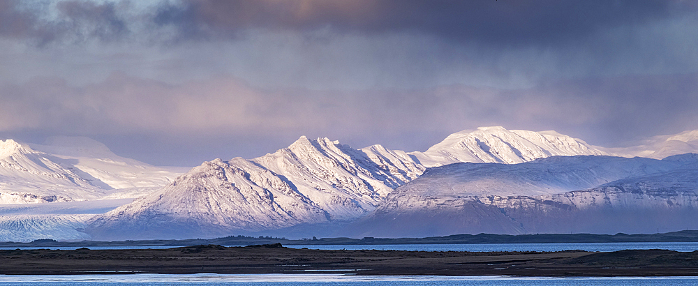 Panoramic image of the Vatnajokull Glacier in winter, viewed from Stokksnes Peninsular, Southern Iceland, Europe
