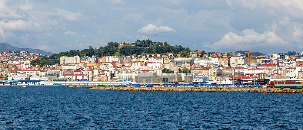 View of city and port from the sea Ria de Vigo estuary, Pereira Productos del Mar fishing port facility, city of Vigo, Galicia, Spain, Europe