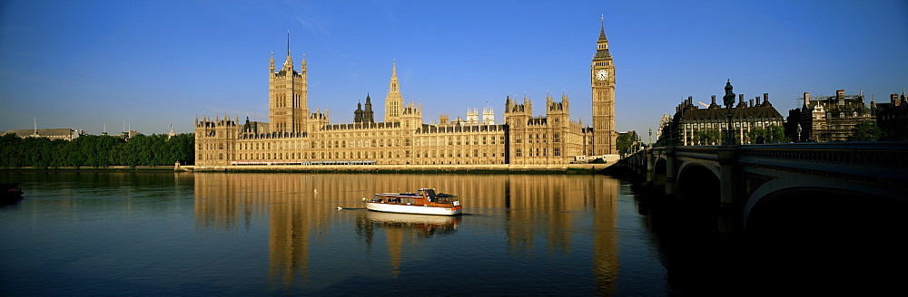 Houses of Parliament and Big Ben reflected in the River Thames, Westminster, London, England, United Kingdom, Europe