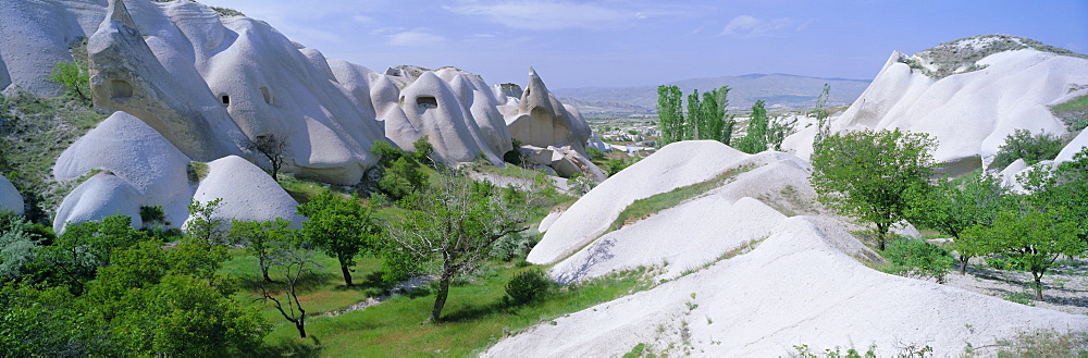 Panoramic view of tufa formations near the town of Uchisar, Cappadocia, Anatolia, Turkey, Asia Minor, Asia