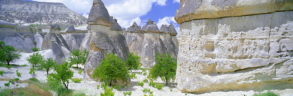 Panoramic view of tufa formations, Valley of the Fairy Chimneys (Pasabag), near Zelve, Cappadocia, Anatolia, Turkey, Asia Minor, Asia