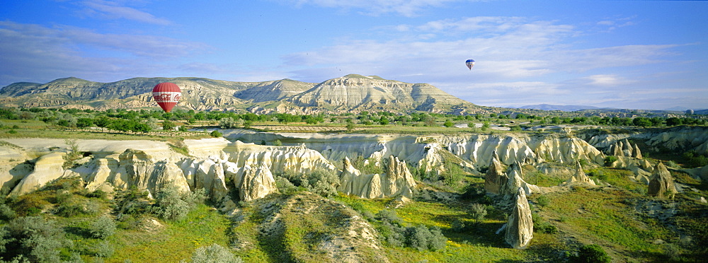 Panoramic view from hot air balloon of Cappadocian landscape and hot air balloons, Cappadocia, Anatolia, Turkey, Asia Minor, Asia