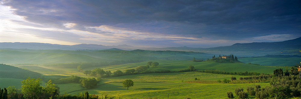 Panoramic view of Belvedere and the Val d'Orcia at dawn, in spring, near San Quirico d'Orcia, Tuscany, Italy, Europe