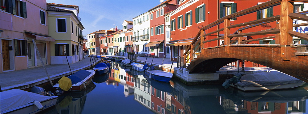 Panoramic view of canal, colourful houses and reflections, Burano, Venice, Veneto, Italy, Europe