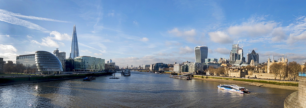 City of London and Shard Tower panorama from Tower Bridge, London, England, United Kingdom, Europe