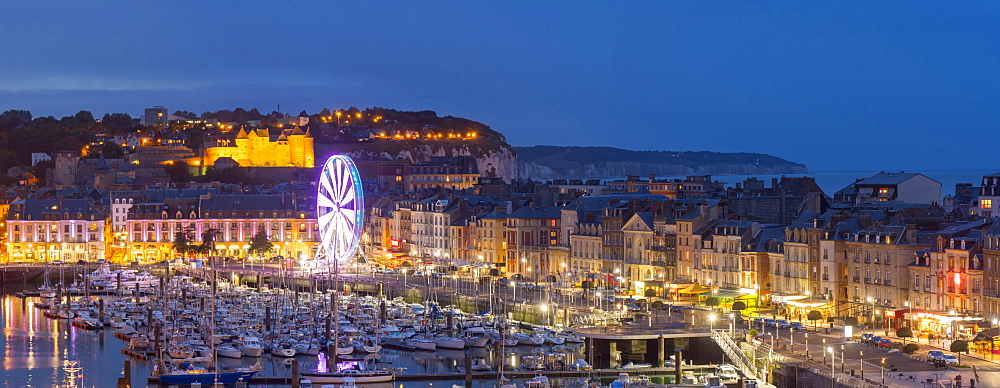 Dieppe harbour waterfront marina panorama at dusk, Dieppe, Seine-Maritime, Normandy, France, Europe