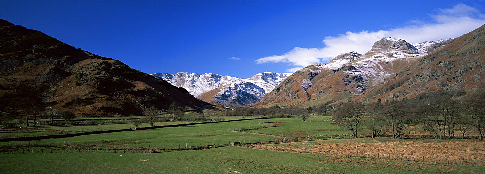 Great Langdale, view across fields to valley head and Langdale Pikes in winter, Lake District National Park, Cumbria, England, United Kingdom, Europe