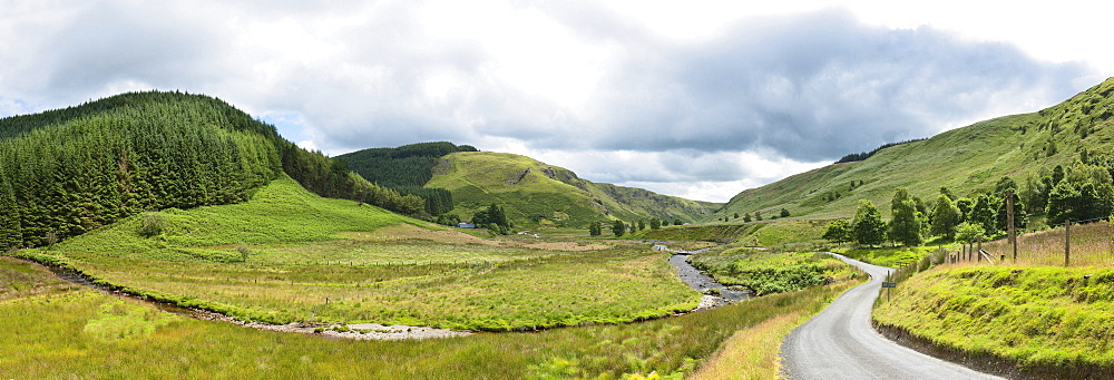 Panoramic landscape view, Abergwesyn Valley, Powys, Wales, United Kingdom, Europe