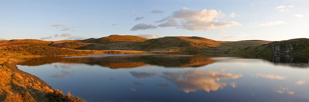 A panoramic view of Pant Y Llyn Lake, Epynt, Powys, Wales, United Kingdom, Europe