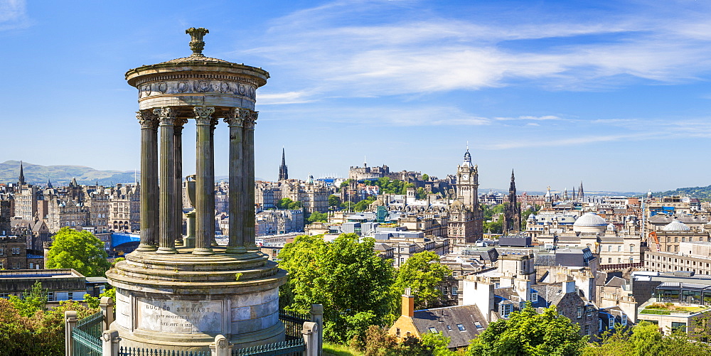 Dugald Stewart Monument, city centre and Edinburgh skyline panorama, Calton Hill, Edinburgh, Midlothian, Scotland, United Kingdom, Europe