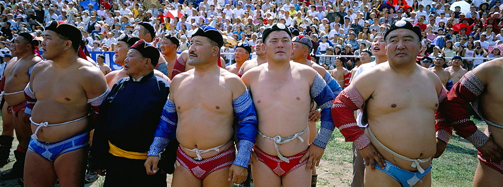 Wrestlers at tournament, Naadam festival, Tov province, Mongolia, Central Asia, Asia