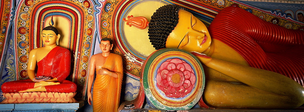 Statues of seated, standing and sleeping Buddha, Isurumuniya, Anuradhapura, UNESCO World Heritage Site, Sri Lanka, Asia