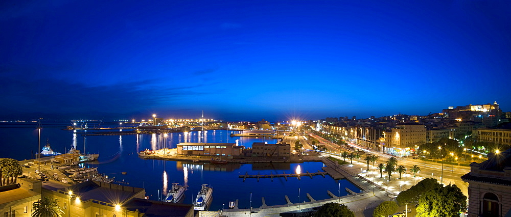 Skyline, harbour, via Roma, Castello, Cagliari, by night, Sardinia, Italy, Europe
