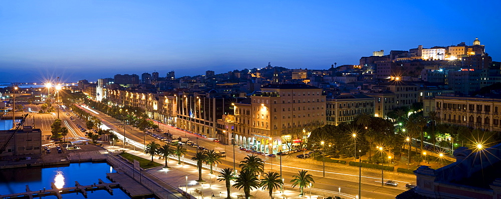 Skyline, harbour, via Roma, Castello, Cagliari, by night, Sardinia, Italy, Europe