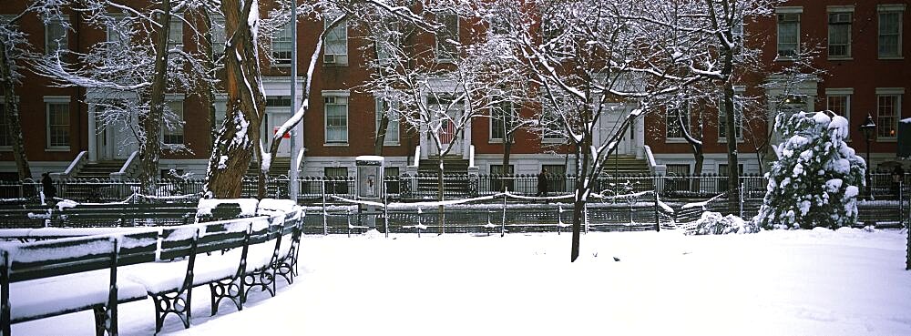 Snowcapped benches in a park, Washington Square Park, Manhattan, New York City, New York State, USA