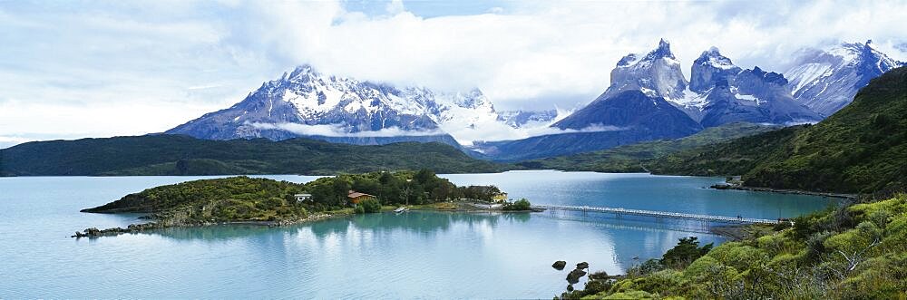 Island in a lake, Lake Pehoe, Hosteria Pehoe, Cuernos Del Paine, Torres del Paine National Park, Patagonia, Chile