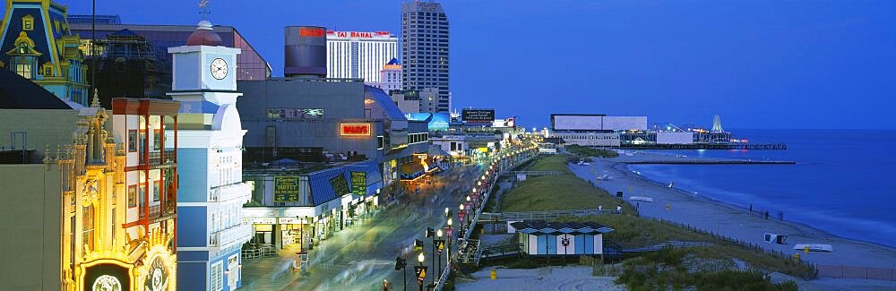 High angle view of a city street lit up at night, Atlantic City, New Jersey, USA