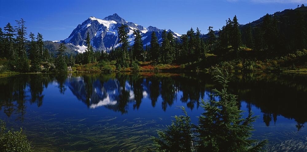 Reflection of mountain on the water, Mt Shuksan, Picture Lake, Mt Baker-Snoqualmie National Forest, Washington State, USA