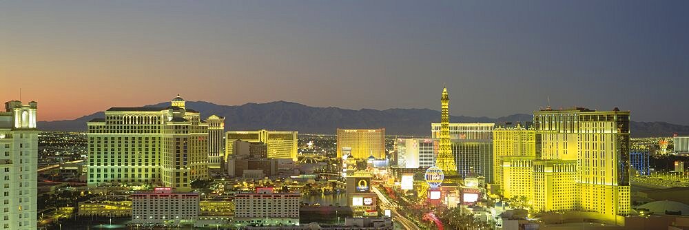 High angle view of buildings lit up at dusk, Las Vegas, Nevada, USA