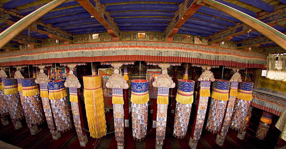 Fisheye view from the roof into the main assembly hall, Drepung monastery, Lhasa, Tibet, China, Asia