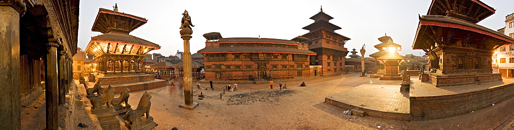 Durbar Square containing from the left, the Bishwanath Mandir, Garuda statue on stone column, Patan museum in the old Royal Palace, Degu Talle and the Jagan Naryan Mandir, Patan, Kathmandu, Nepal, Asia 