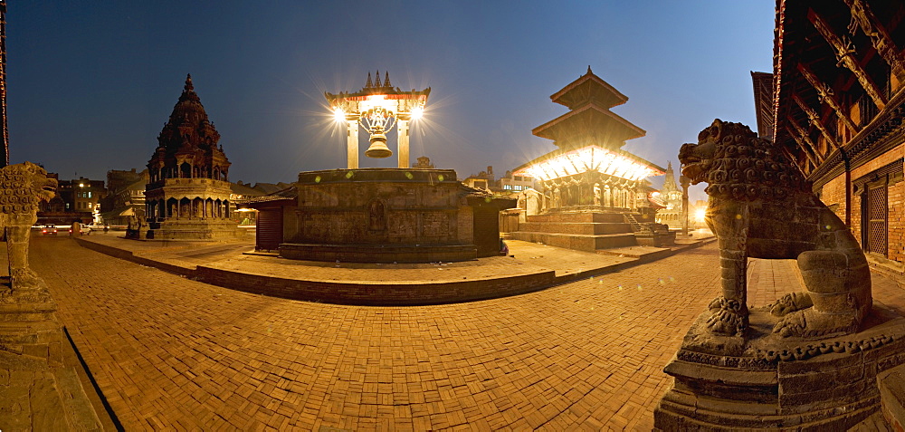 Durbar Square containg from the left the Chyasin Dewal temple, Taleju bell, the Hari Shankar Mandir, stone lions flanking steps to Mul Chowk, Patan, Kathmandu, Nepal, Asia