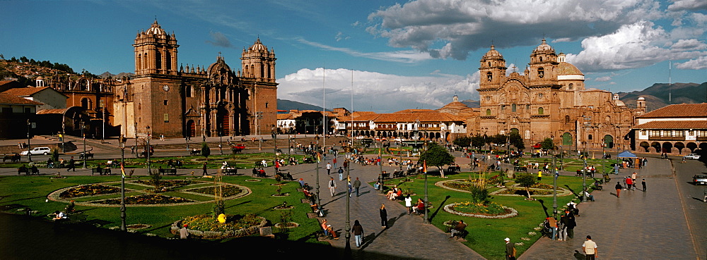 Ancient capital of the Incas the colonial center and the Plaza de Armas with the Cathedral, left and La Compania Church, Cuzco, Highlands, Peru