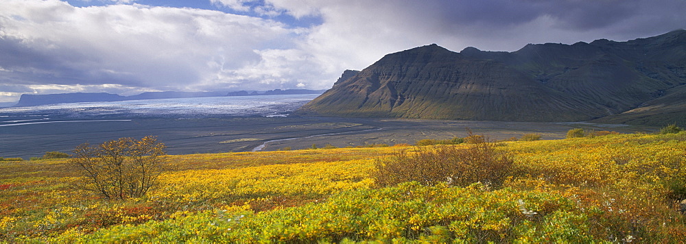 Morsardalur glacial valley in Skaftafell National Park, with  Skeidararsjokull glacier, Skeidararsandur flat-sand delta and Jokulfell mountain visible in the distance, Iceland, Polar Regions