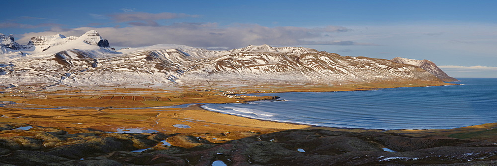 Mount Dyrfjoll (Door Mountain) range and Bakkagerdi village in Borgarfjordur Eystri fjord, northernmost part of the East Fjords, Iceland, Polar Regions