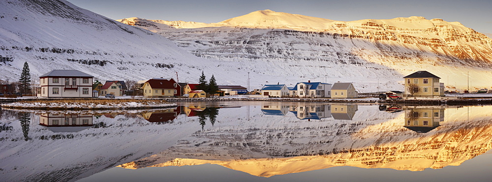 Panoramic view of Seydisfjordur and surrounding mountains, East Fjords, Iceland, Polar Regions