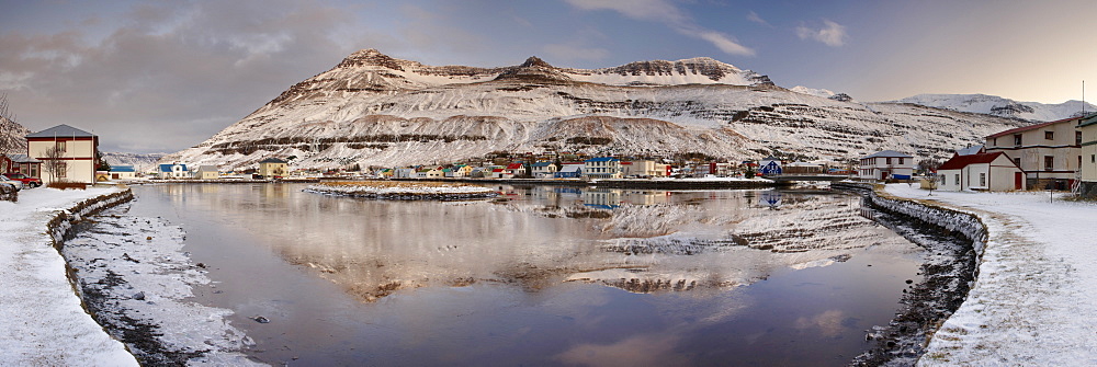 Panoramic view of Seydisfjordur and surrounding mountains, East Fjords, Iceland, Polar Regions