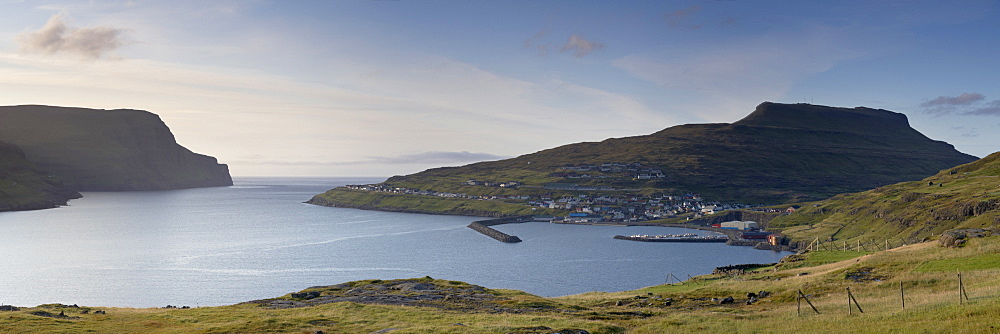 Panoramic view of village of Eidi and Sundini fjord, Eysturoy, Faroe Islands (Faroes), Denmark, Europe