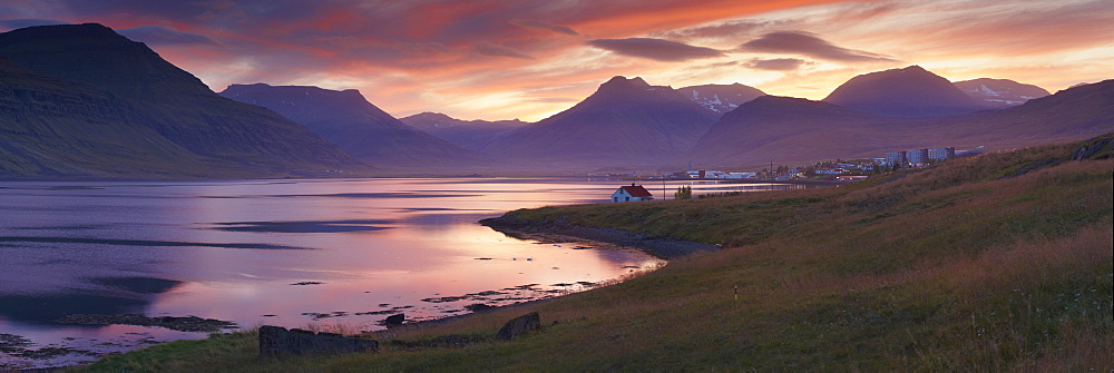 Sunset on Reydarfjordur town, in the East Fjords region (Austurland), Iceland, Polar Regions