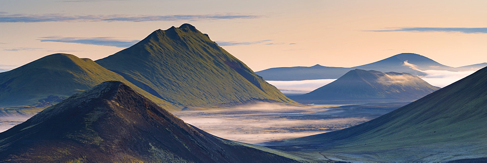 Hilltops and lava fields in Nordunamshraun, seen from Namshraun, Landmannalaugar area, Fjallabak region, Iceland, Polar Regions