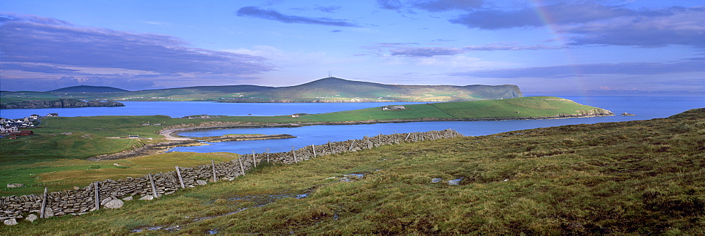 Rainbow over Bressay Sound, (Bressay in the distance) near Lerwick, Shetland Islands, Scotland, United Kingdom, Europe